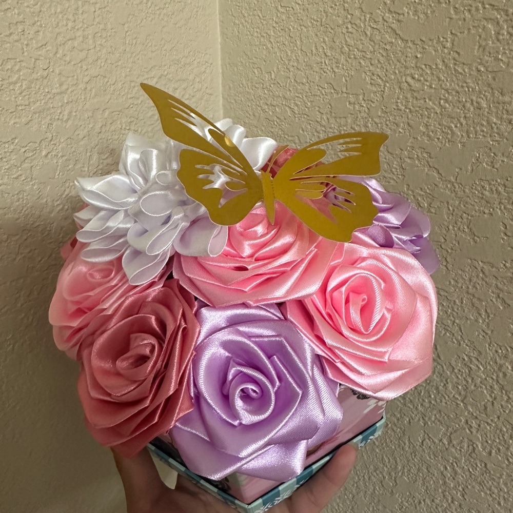 NWT Pink and Purple Satin Flower Arrangement with Gold Butterfly 🦋